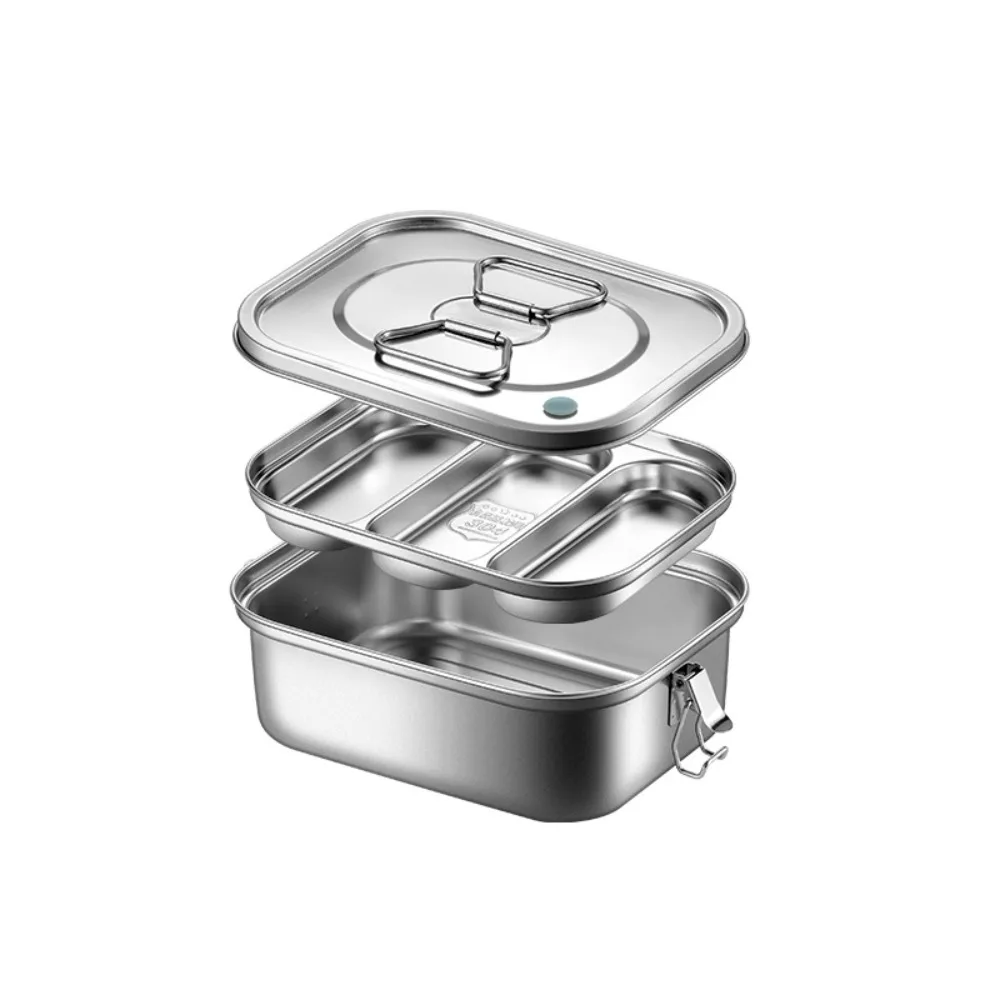 

304 Stainless Steel Camping Lunch Box Double-layer Compartmental Picnic Box Spill-proof Rectangular Food Storage Box Outdoor