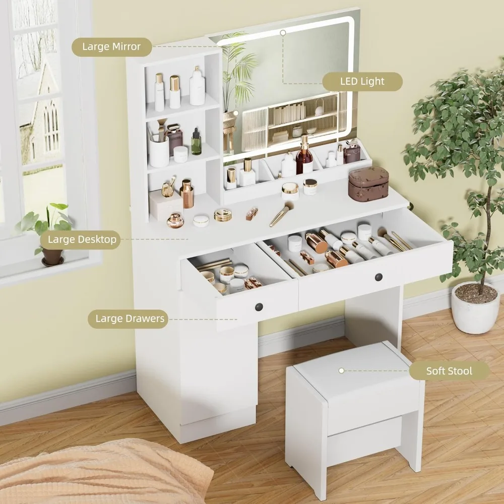 مكتب مكياج نسائي مع مرآة و11 مصباحًا، ومصابيح هوليوود أكثر إشراقاً بثلاثة ألوان، وطاولة زينة مع أدراج وطبقات كبيرة