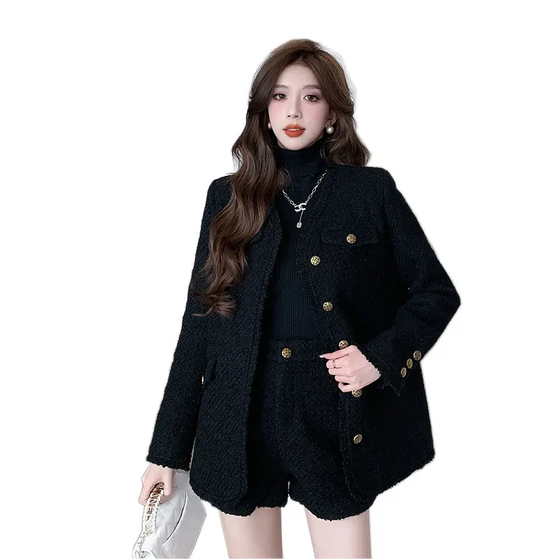 

Women's coarse woolen 2-pcs set black jacket+shorts 2024 new autumn and winter small fragrance style cotton set
