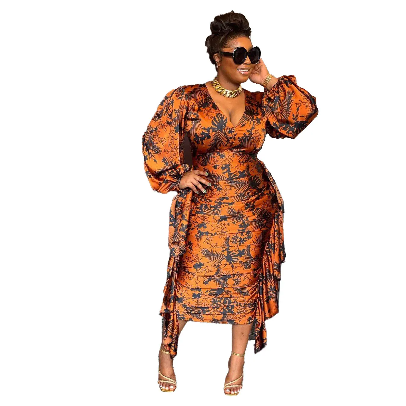 Plus Size Elegant Printed Ruffles Pleated Long Dress Casual Fashion V Neck Long Sleeve Ankle Length Vestidos Party Oversized