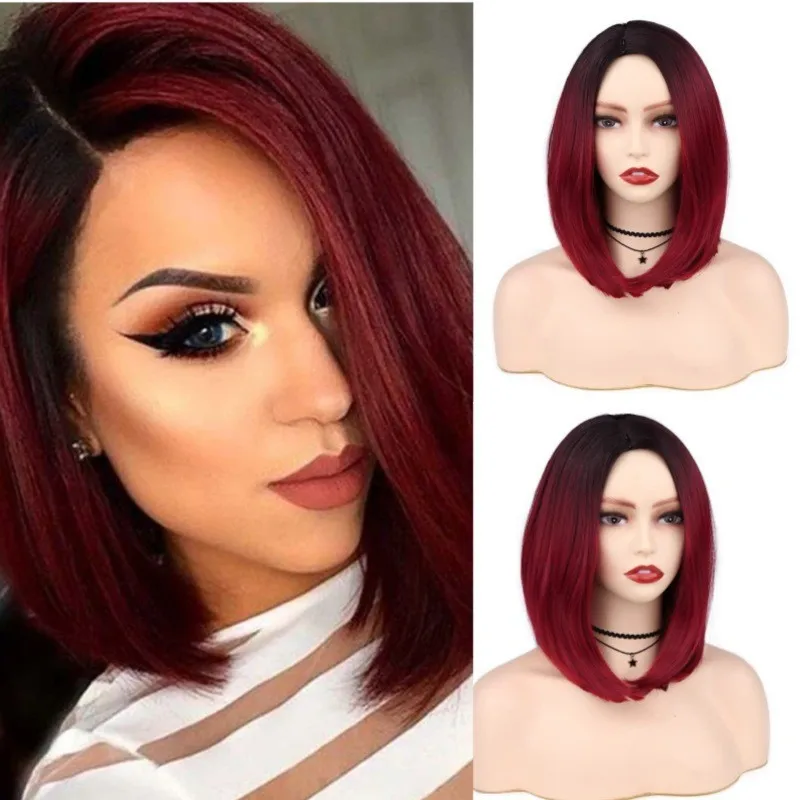 

Synthetic Wig Short Straight Bob Middle Part Ombre Red Full Head Costume Party Daily Use Heat Resistant Fiber