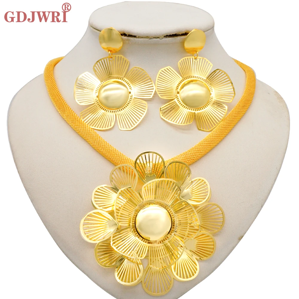 

Dubai Gold Color Big Flower Shaped Necklace Earrings Fashion Jewelry Sets Designed For Beautiful Noble Women Party Gift