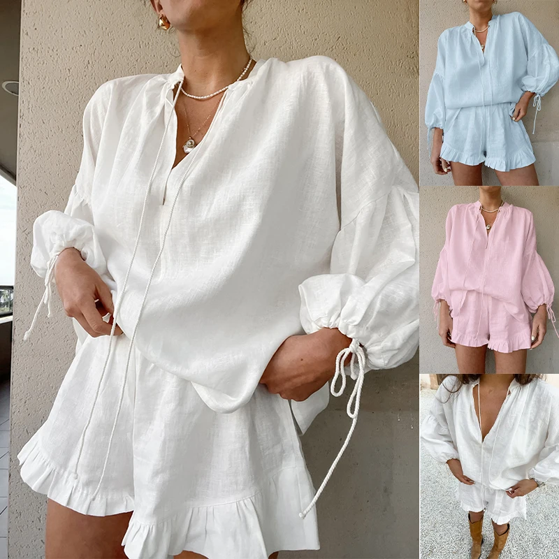 

Elegant V-neck Summer Casual Suits Lantern Sleeve White Lace-up Loose Fashion Shorts American Solid Cotton Linen Street Outfits