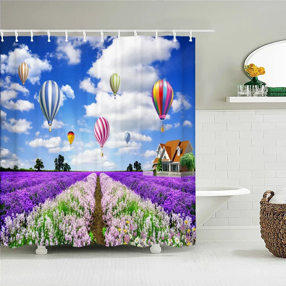 Bathroom waterproof shower curtain beautiful lavender idyllic nature landscape printing bath curtain home decoration curtain