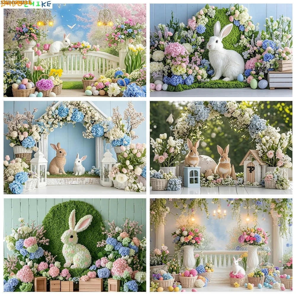 

Spring Colorful Floral Rustic Wall Easter Day Background Garden Flowers Birthday Party Rabbit Eggs Photography Backdrop UJ-01