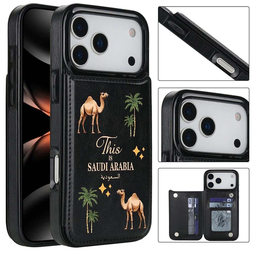 موضة المملكة العربية السعودية الجمل محفظة جلدية القضية آيفون 17 برو ماكس الهواء 17 شجرة جوز الهند حافظة للبطاقات للصدمات فوندا غطاء الهاتف