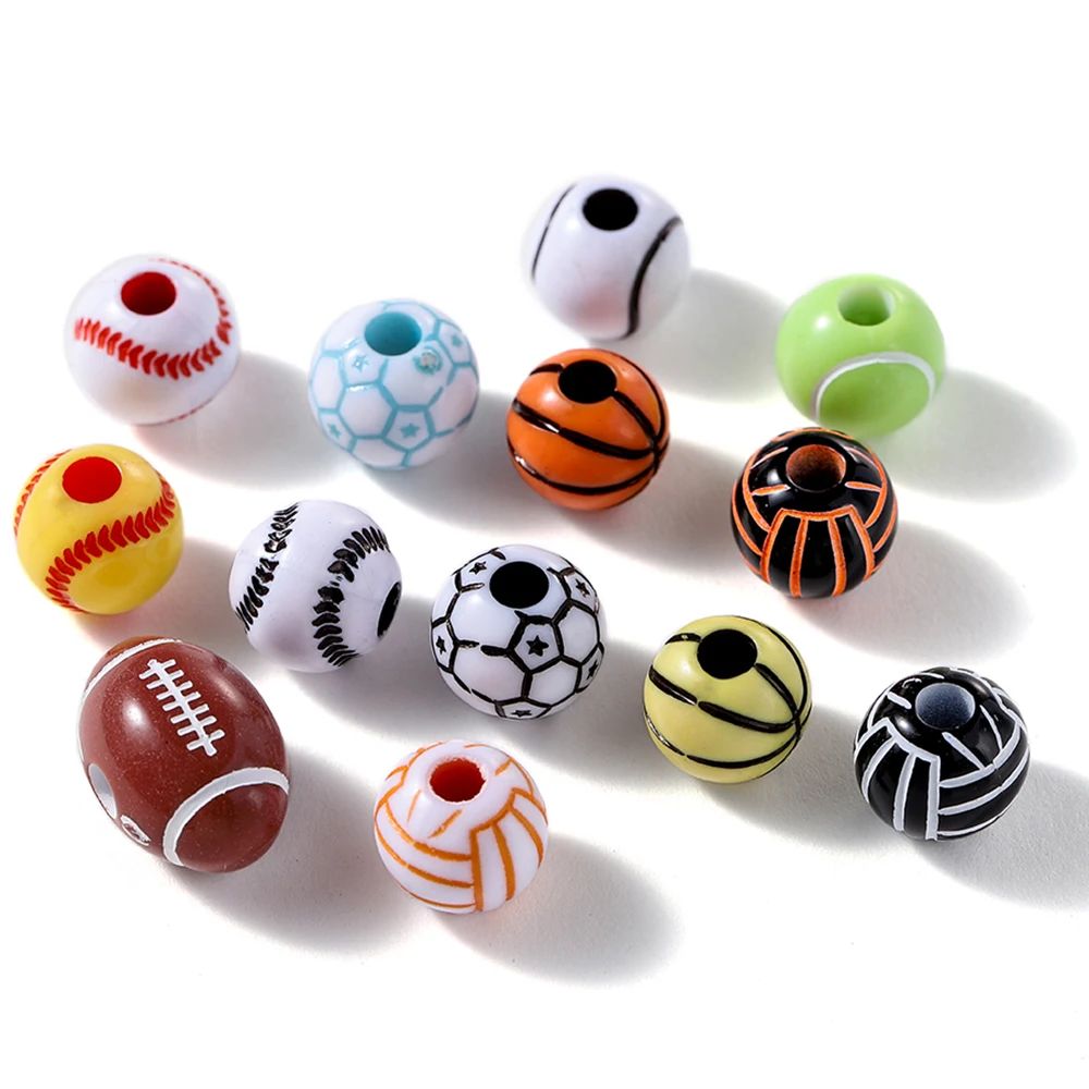 30Pcs/Lot Acrylic Rugby Tennis Basketball Beads Sport Spacer Beads for DIY Jewelry Making Bracelet Necklace Crafts Accessories