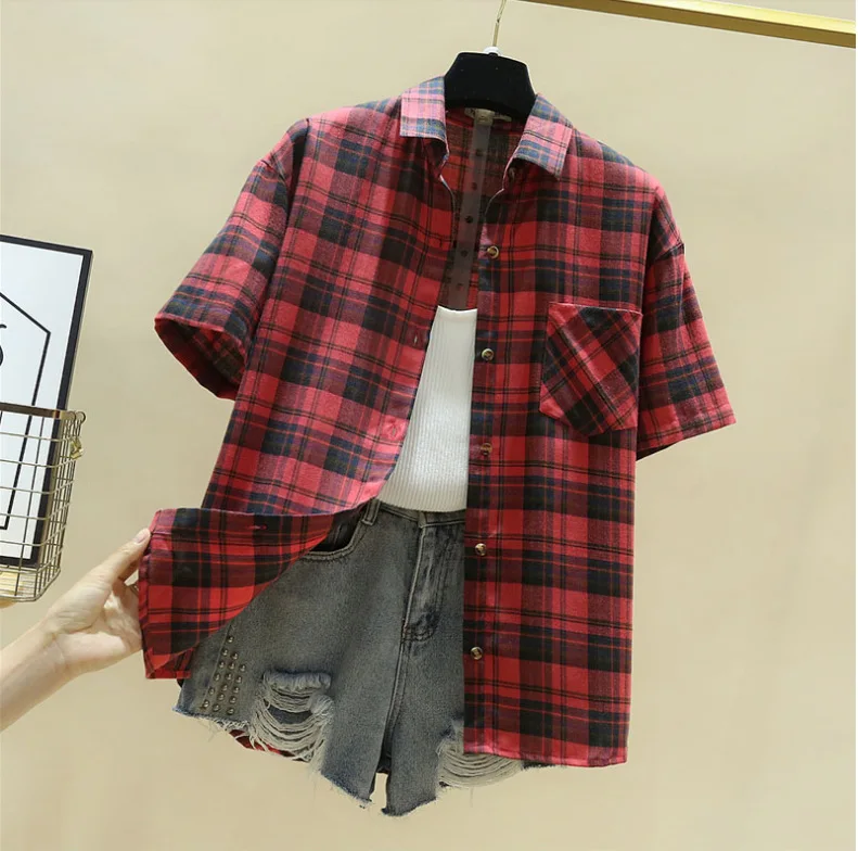 2023 Summer New Casual Women\'s Plaid Shirt Cool Breathable Cotton Lady Short Sleeve Blouse and Tops College Style Ladies Clothes