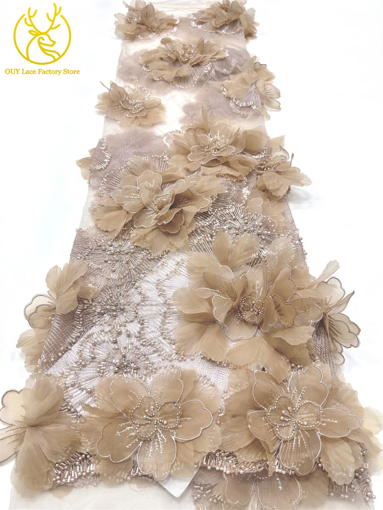 Hochwertige Exquisite 3D-Stickerei Blumen-Tüllspitze Hochwertige Afrikanische Perlen-Pailletten-Spitze Französischer Tüll Hochzeitskleid-Stoff – Detail 19