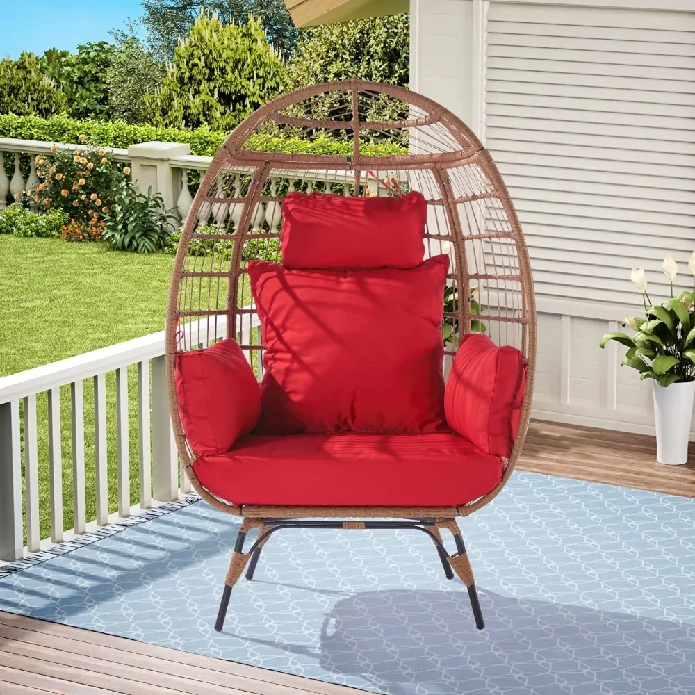 Patio Lounge Chairs-Egg Chair Wicker Outdoor Indoor, Oversized Lounger with 370lbs Capacity Large Egg Chairs with Stand Cushion