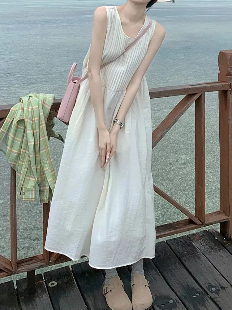 

White Beach Long Dress Women Sweet Elegant Sleeveless Loose Dress Summer Casual Female O Neck Fashion Korean Chic Long Vestidos