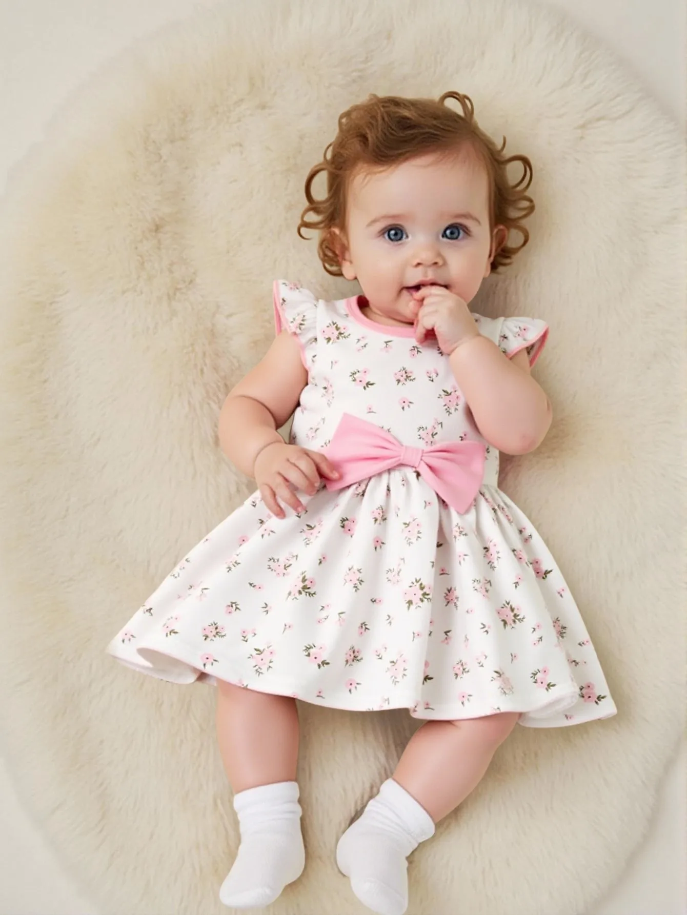 

Милое летнее платье для девочек с круглым вырезом, цветочным принтом, расклешенными рукавами и бантом, свободного кроя