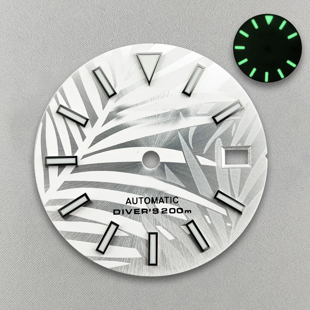 Esfera luminosa verde de hojas de bambú con logotipo S de 28,5mm, adecuada para NH35/NH36/4R/7S, accesorios de modificación de reloj de movimiento