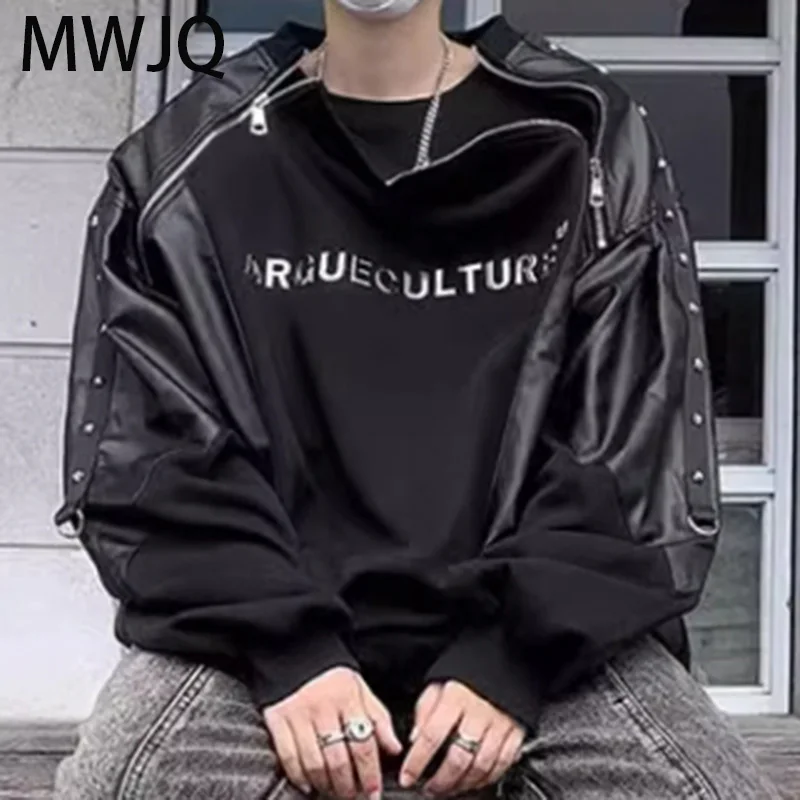 

MWJQ Deconstructed Double Zipper Male Sweatershirt High Street Round Neck Rivet PU leather Spliced Shoulder Pad Tops 010200