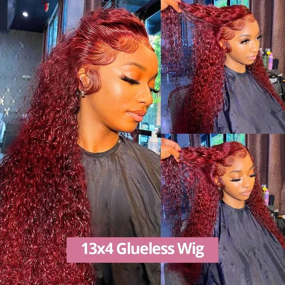 Tewjig-Perruque Lace Front Remy Bouclée Bordeaux pour Femme, Cheveux Deep Wave, 13x4, 13x6 HD Transparent, 99J, Densité 200, 30 po, 34 po