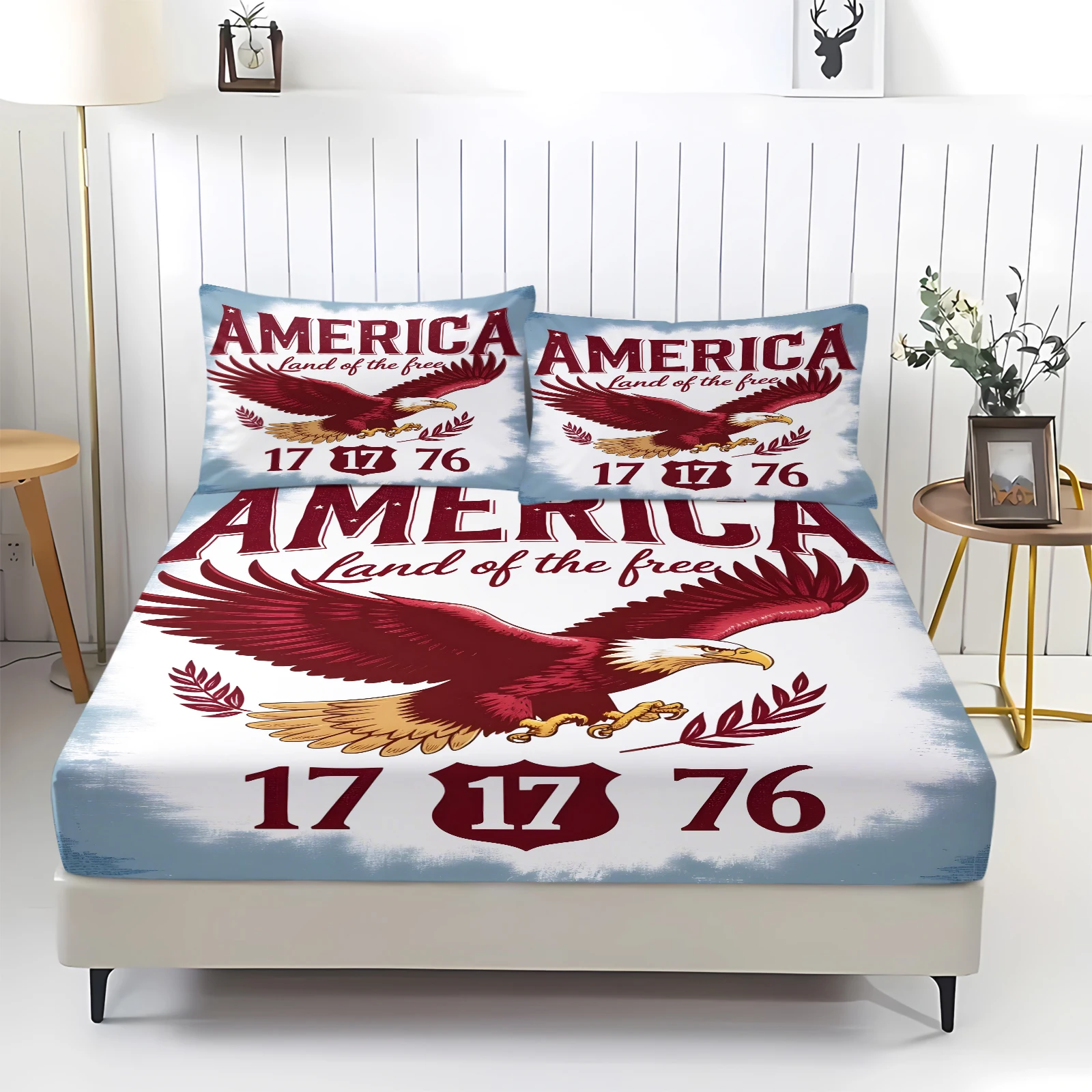 Vintage Soft American Bald Eagle 1776 Patriotic Fitted Sheet Set 3Pcs USA Freedom Flag Retro Deep Pocket Elastic Mattress Cover