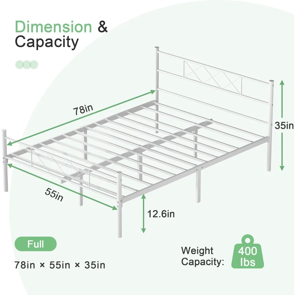 Full Size Bedframe Met Hoofdeinde, Zwaar Platform Met Sterke Metalen Latten, Geen Boxspring Nodig, Eenvoudige Montage, Puur Wit