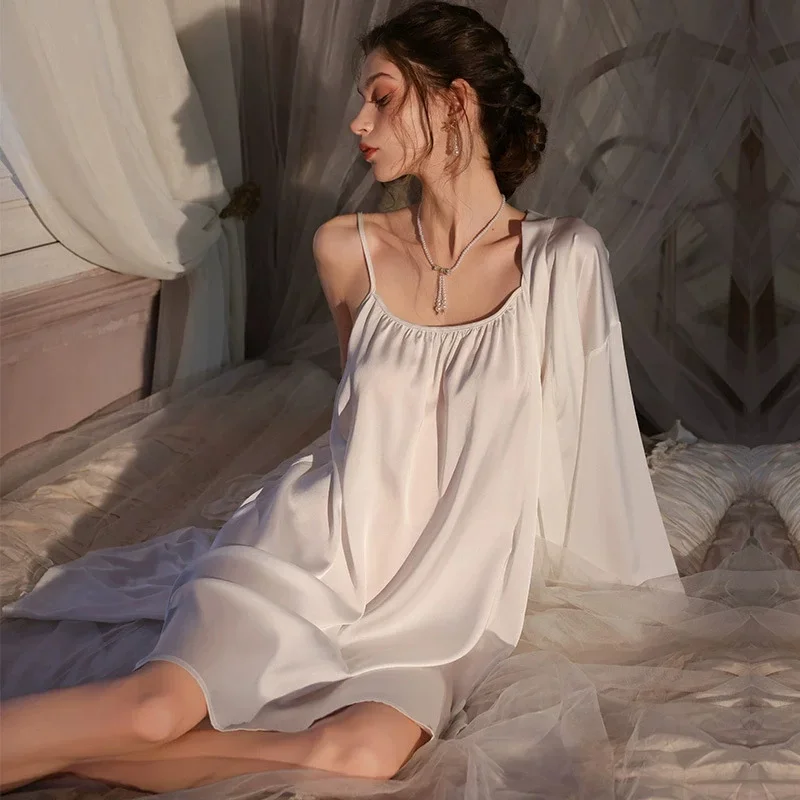 

Female 2PCS Robe Set Spring Summer New Silk Satin Sleepwear Sexy Suspender Nightgown Intimate Lingerie Home Wear