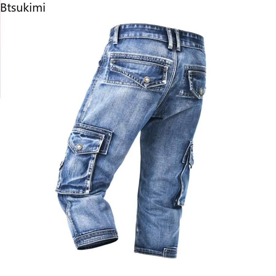 Summer New Men's Cargo Denim Shorts 2025 Fashion Streetwear Multi Pockets Elastic Slim Straight Jeans Male Casual Joggers Pants
