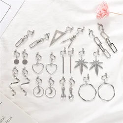 Korean Asymmetrical Simple Ear Clips Earrings Silver Color Moon Heart Geometric Clip on Earrings No Piercing for Female Women