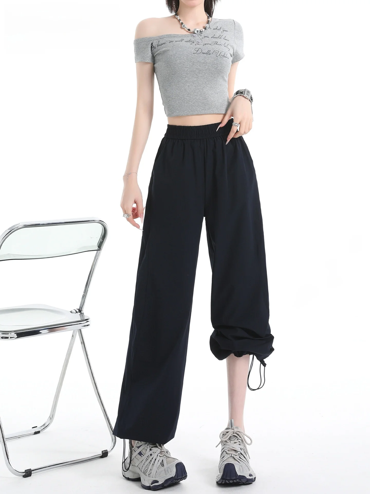 Yaloo Pantaloni sportivi a vita alta con gamba dritta Qui Dry Autunno 2025 da donna Pantaloni a gamba larga slim fit in vita elastica di piccole dimensioni