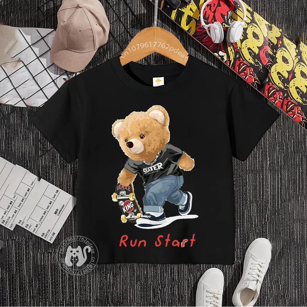 Teen 100% cotton short sleeve T-shirt Boys Girls Outdoor Bear skateboard printed casual blazer Cotton T-shirt summer kids wear