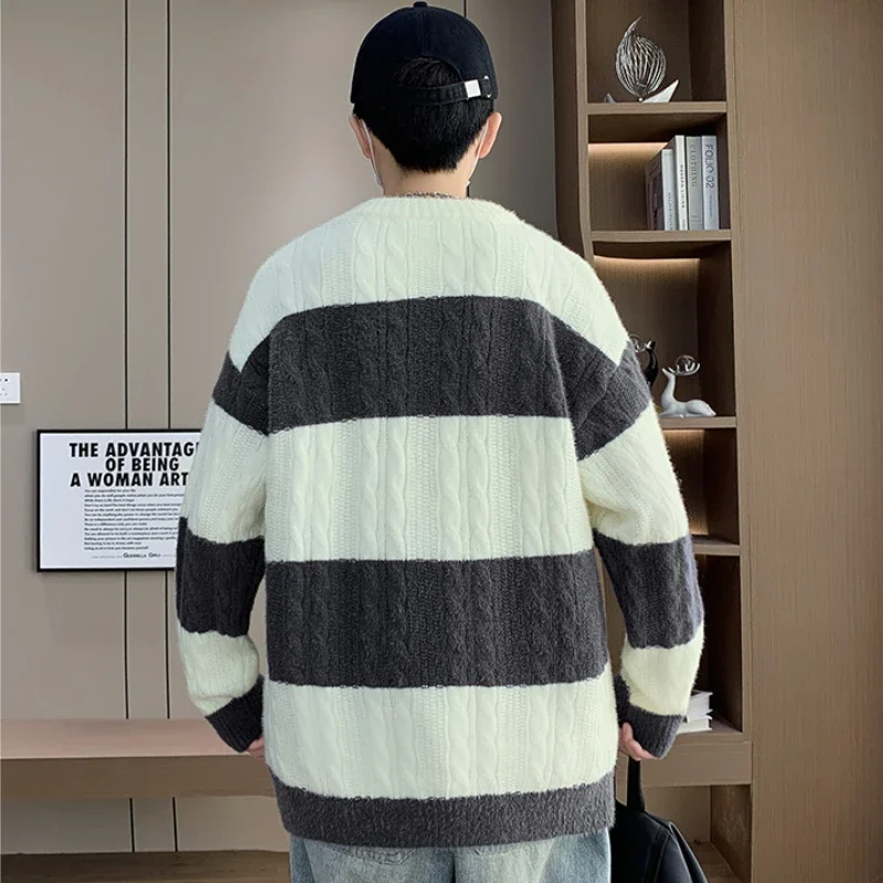 Winter Thick Striped Pullovers Men Soft Warm Casual Knitted Sweaters Panelled All-match Japanese Style Comfortable Handsome Chic