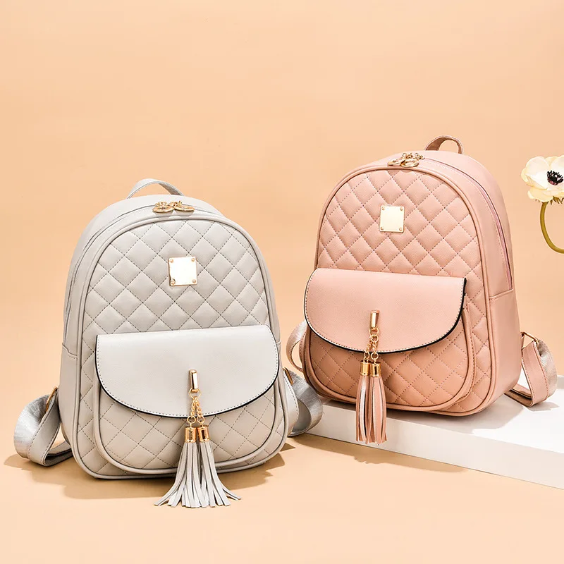 3pcs Argyle Quilted Backpack, Fashion Mini Daypack With Wristlet Clutch Bag And Credit Card Holder