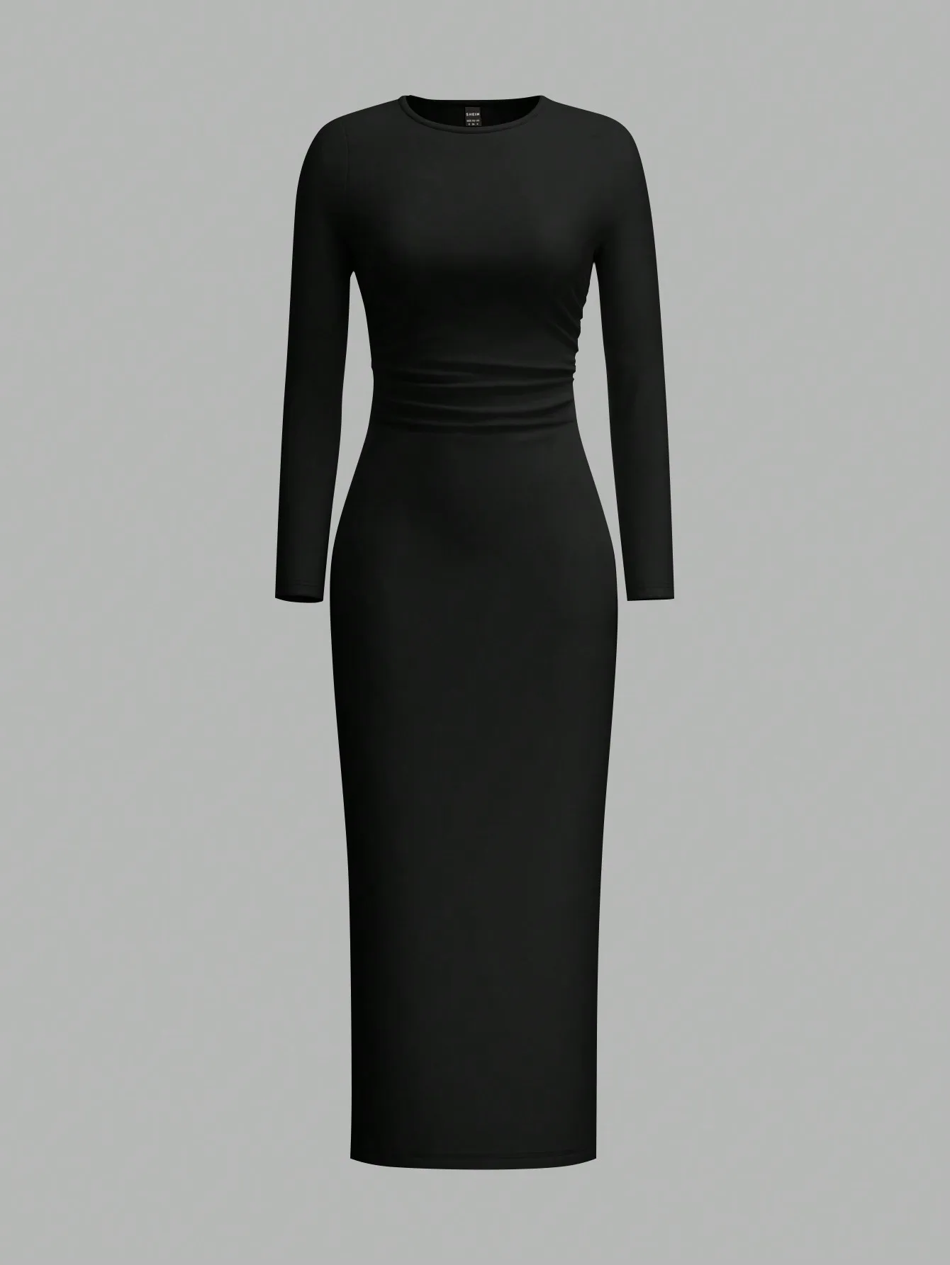 

Черное облегающее платье миди с длинными рукавами, круглым вырезом и драпировкой на талии