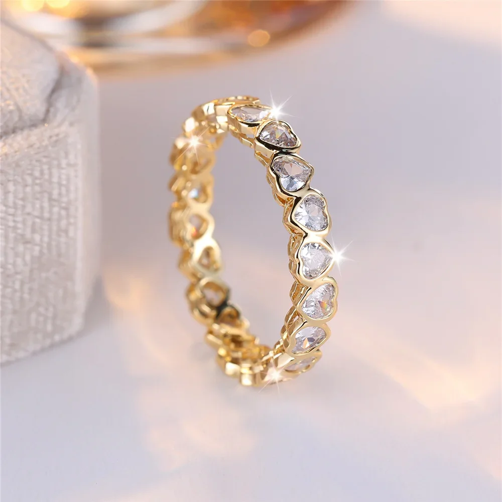 Delicate Single Row Heart Thin Rings For Women Antique Gold Color White Zircon Stacking Wedding Bands Versatile Hand Jewelry CZ