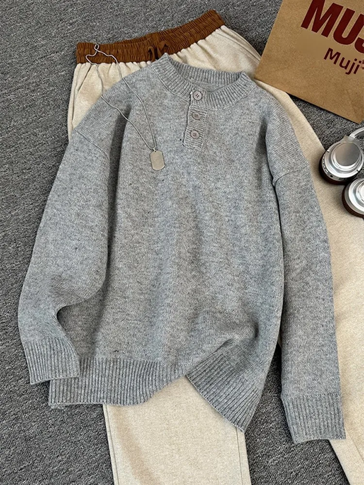 

Cleanfit Henry Collar Button up Soft Knitwear Men's Casual Loose Fit Couple's Outerwear Long Sve Student Faion