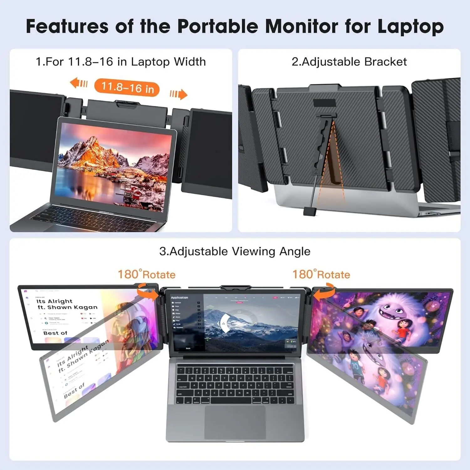OEM Laptop Screen Extender 14 Inch Triple Portable  Icd Plug And Play Type-C HD FHD IPS 1080P For Laptop Portable Screen