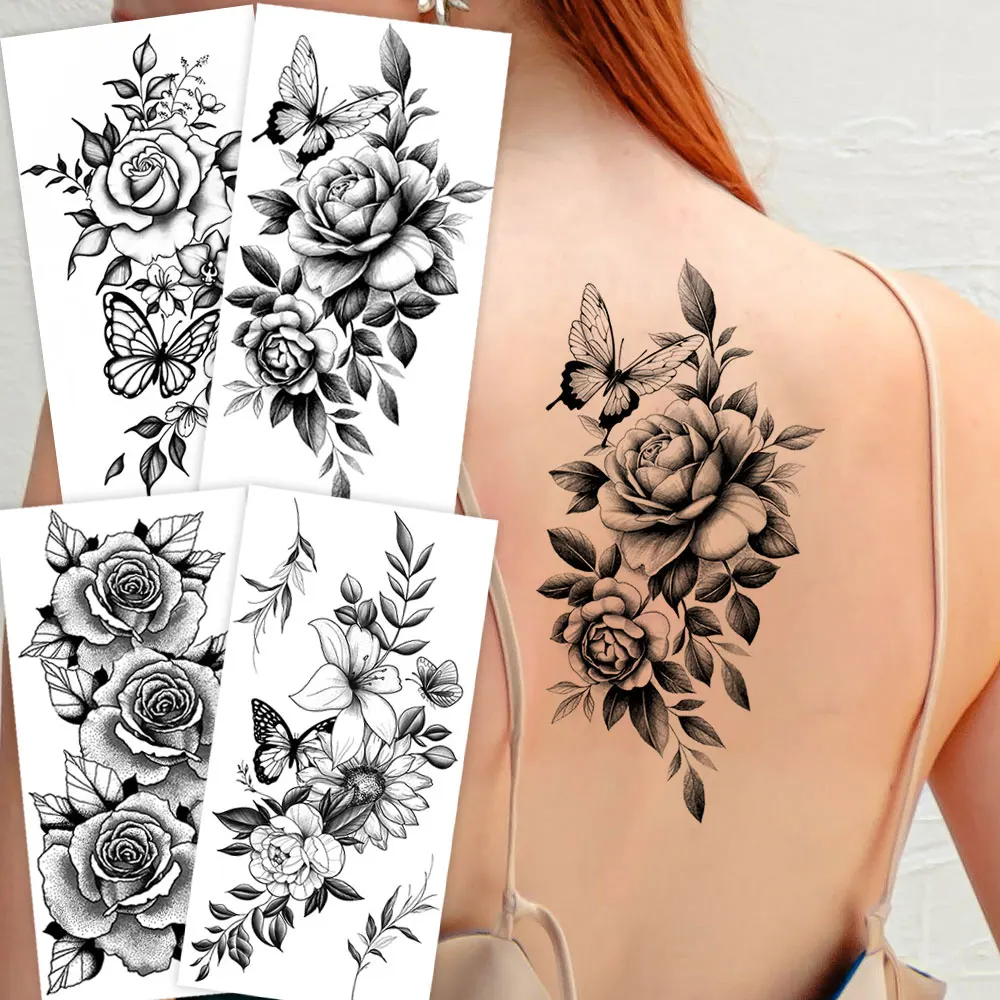 

Waterproof Flower Temporary Tattoos for Women Black Floral Tattoo Stickers for Hand Arm Body Disposable Fake Tattoo Body Art