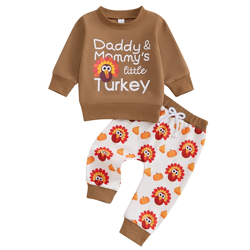 

Toddler Thanksgiving Set Turkey Print Long Sleeve Round Neck Sweatshirt Long Pants Fall Outfits