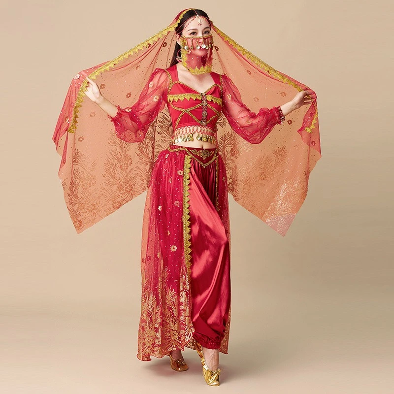 

Red Green Colors Multiple Pieces Princess Belly Dance Clothes for Female Adult Exotic Style Halloween Performance Costume