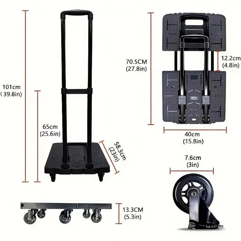 SELORSS Heavy-Duty Folding Hand Truck with 720lbs Capacity, 360°Rotate 7 Wheels, Extendable Large Base, Adjustable Handle