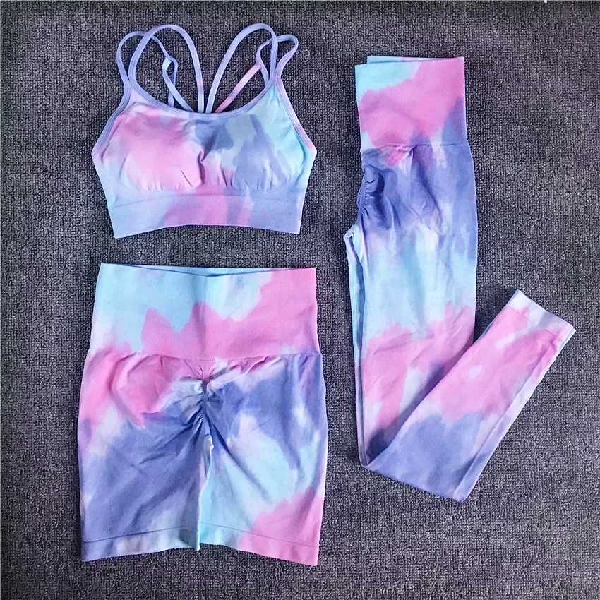 1/2/3Pcs Women Tie Dye Sportswear Yoga Set Workout Leggings Scrunch Leggings Gym Shorts Seamless Gym Sports Bra Yoga Tracksuit