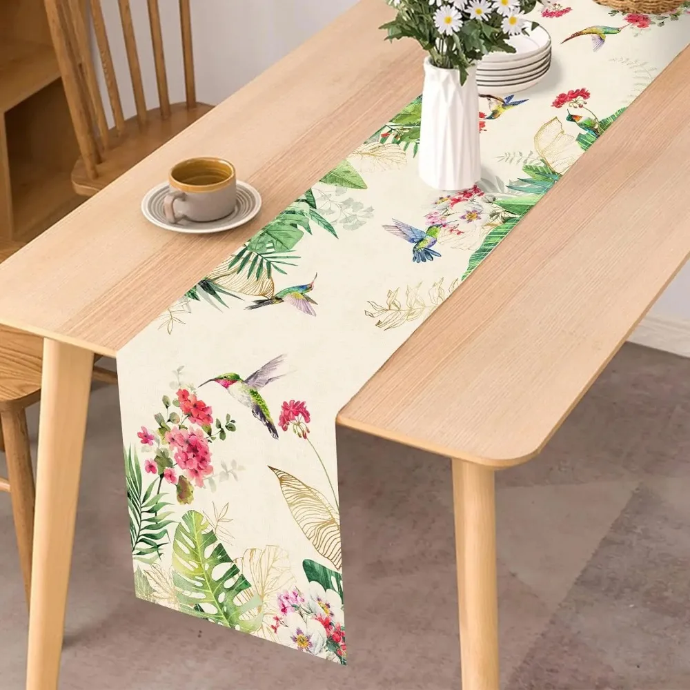 Summer Tropical Hummingbird Palm Leaf Greenery Linen Table Runner Seasonal Bird Home Kitchen Geranium Flowers Dining Table Decor