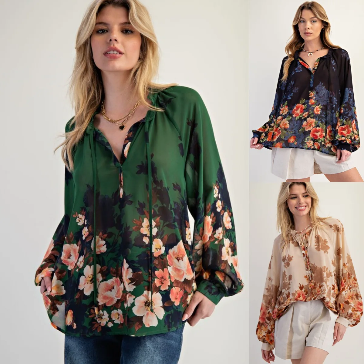 

Y2K autumn new fashionable and elegant button-up T-shirt loose women's comfortable printed lantern sleeve jumper top