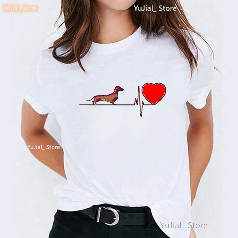 I Love Dachshunds Heart Graphic Print T Shirt Girls Kawaii Dog Lover Tshirt Women White Short Sleeve T-Shirt Female Streetwear