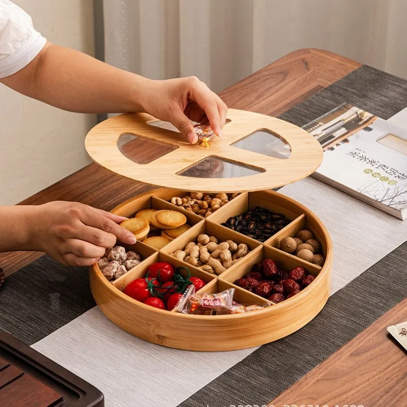 Chinese Style Bamboo Nine Compartment Serving Tray Dried Fruit Nut Snack Pastry Plate For Home Stove Boiling Tea Party Decor