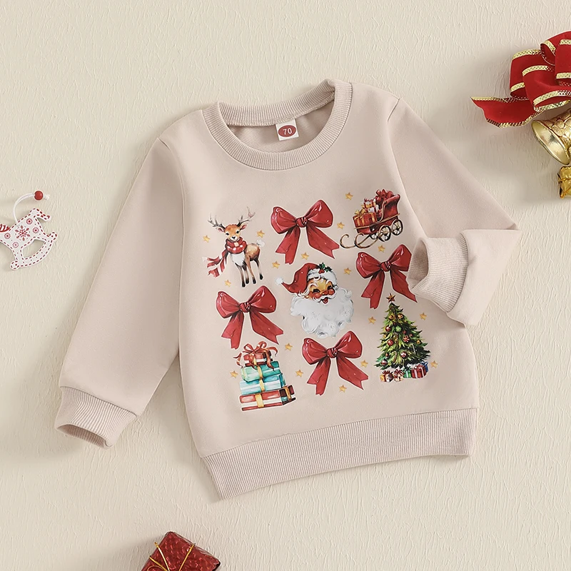 2024-09-06 Lioraitiin 1-5Y Little Girl Christmas Sweatshirt Santa Claus Bow Print Long Sleeve Round Neck Pullover Loose Tops