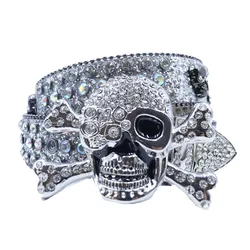 New Punk Western Big Skull Sparkly Men Women Leather Belt Bling Diamond Rhinestone Belt