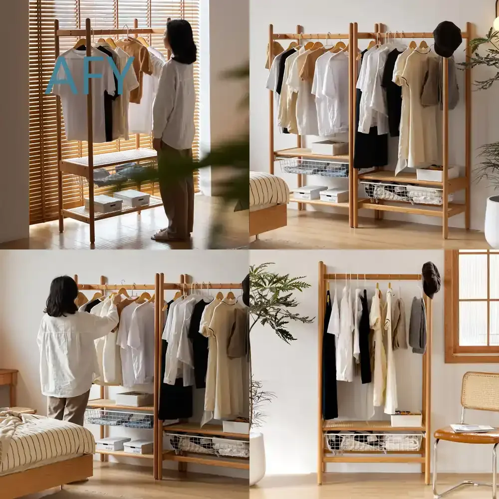 Solid Wood Hanger Floor for Cherry Wood Coat Rack Bedroom Foldable Drying Rack Home Hanging Clothes Rack Storage Organizer