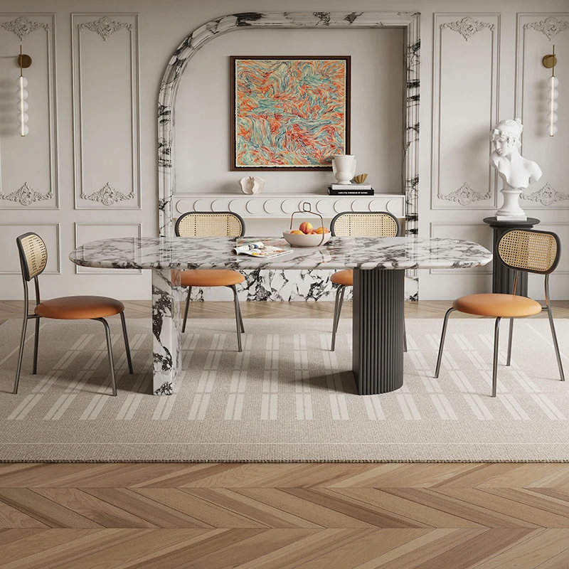 

Luxury French Rectangle Marble Table, Cream Aesthetic Designer Villa Furniture, Trendy Natural Stone Dining Table​