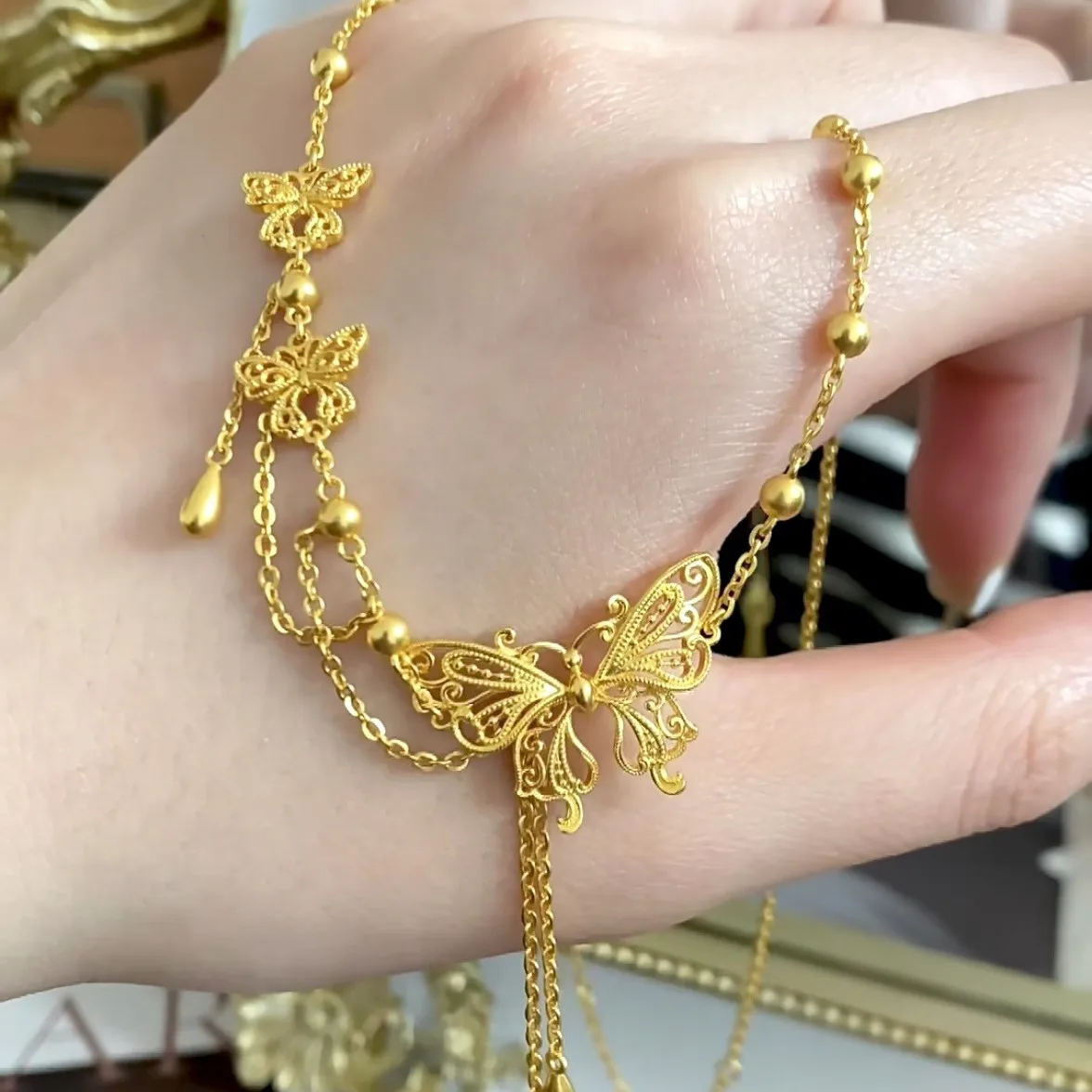 AU999 24K Gold Butterfly Necklace | Hollow - carved body, pearl - accented, chiseled patterns, classic & charming