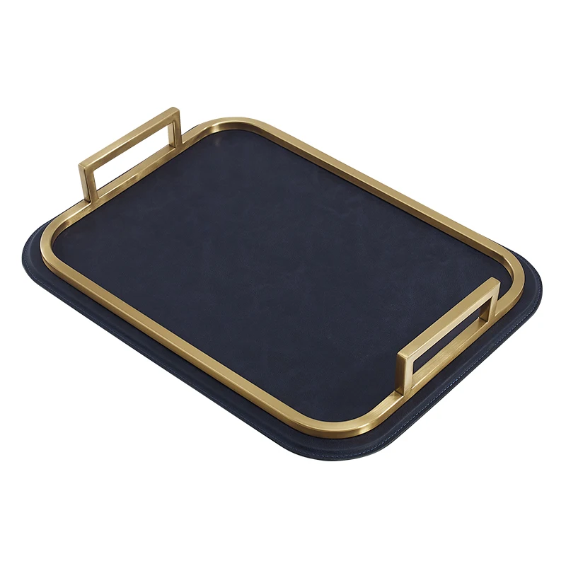 luxury leather tray rectangular tea cup Coffee tray living room storage dinner plate Decoration with stainless steel Handle