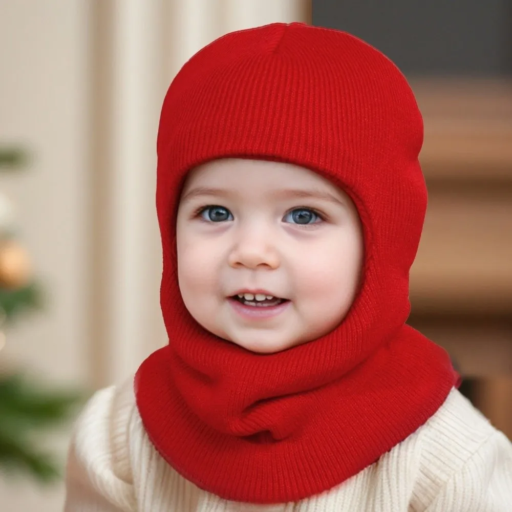 Solid Color Kids Integrated Scarf Cap Warm Windproof Baby Hooded Beanie Neck Protection Knitted Baby Balaclava Hat Outdoor