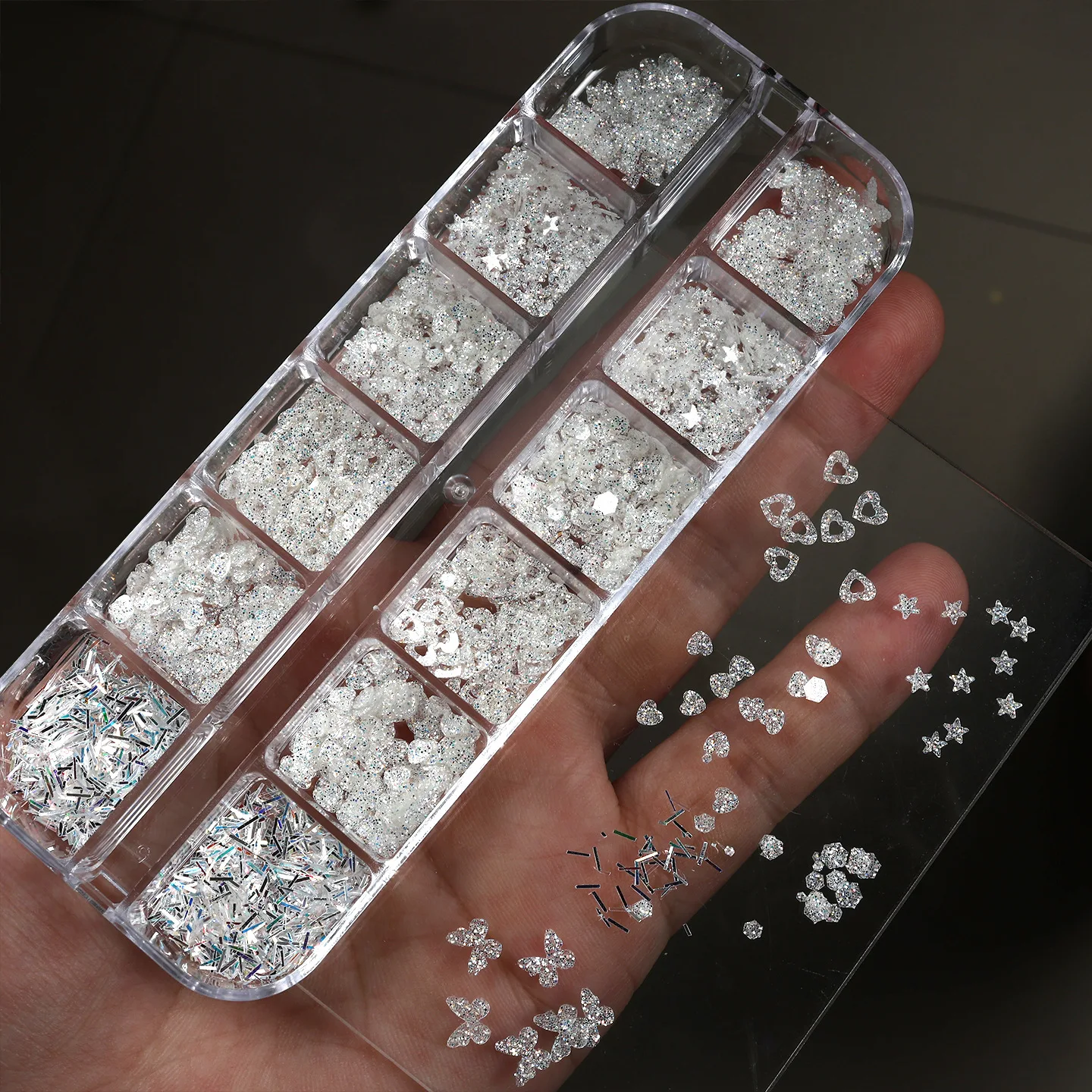 12 Grids Sparkly Silver White Mix Nail Charms Set 3D Fine Glitter Strips Heart Star Butterfly Sequins Decor Manicure Accessories