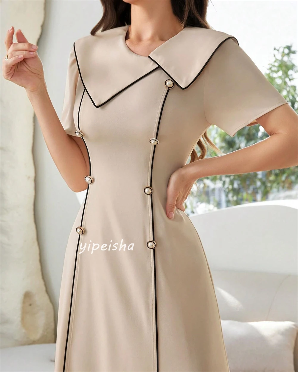  Evening Jersey Draped Pleat Button Graduation A-line O-Neck Bespoke Occasion Gown Midi Dresses Saudi Arabia